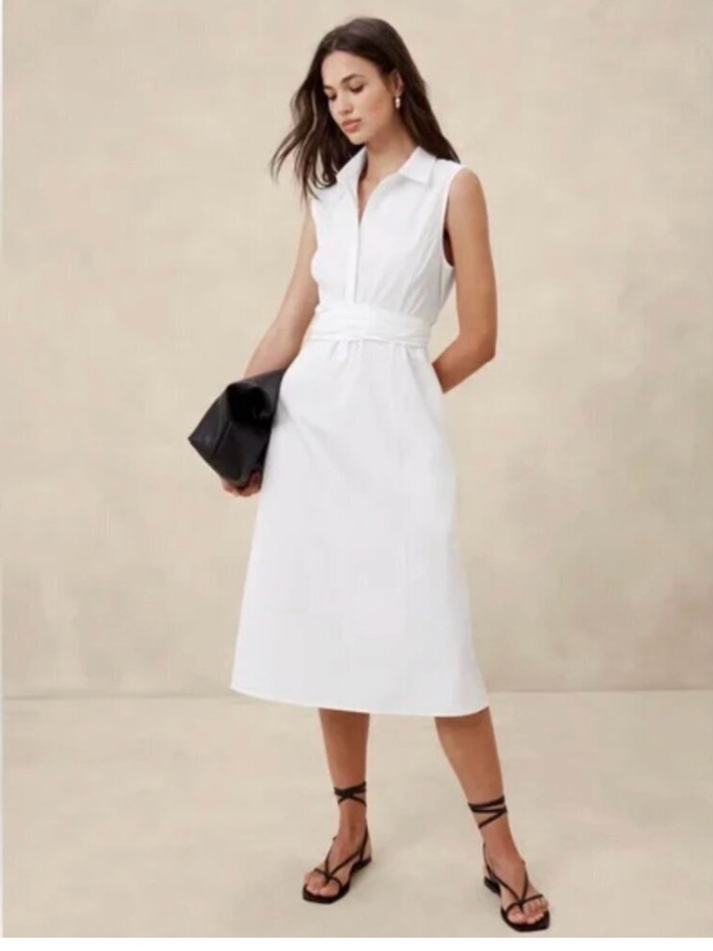 Banana Republic Poplin XS Sleeveless White Collared Midi Dress with belted tie